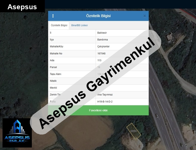 Asepsus Emlak'tan  çalışkanlar mh. 'sinde satılık arsa