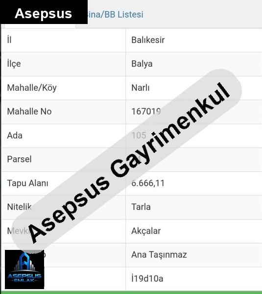 Asepsus Emlak'tan  narlı mh. 'sinde satılık arsa