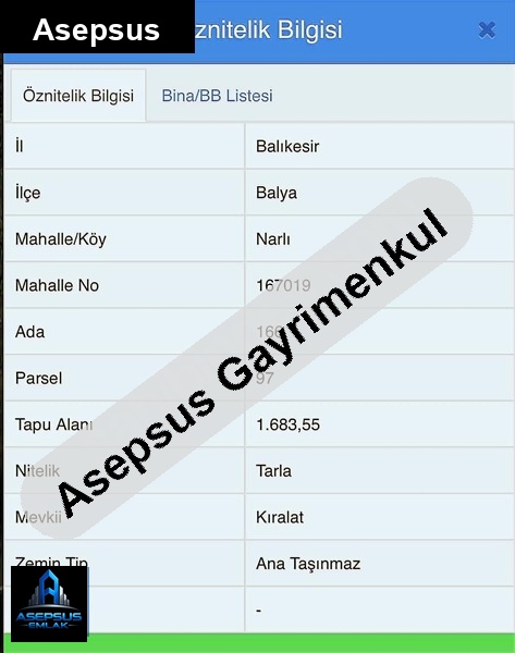 Asepsus Emlak'tan  narlı mh. 'sinde satılık arsa