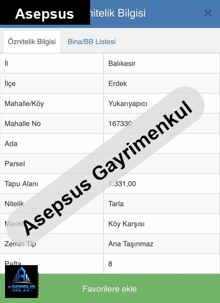 Asepsus Emlak'tan  yukarıyapıcı mh. 'sinde satılık arsa