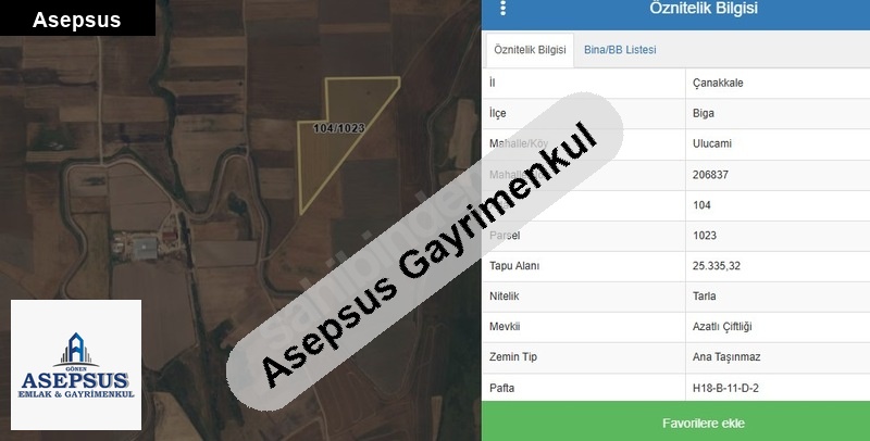 Asepsus Emlak'tan 3+1 karabiga bld. 'sinde satılık arsa