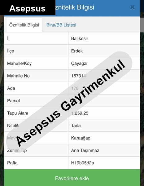 Balıkesir / Erdek / Şahinburgaz Mahallesi 1.259 m² Arsa