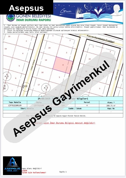 Asepsus Emlak'tan  çifteçeşmeler mh. 'sinde satılık arsa