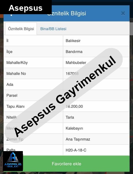 Asepsus Emlak'tan  mahbubeler mh. 'sinde satılık arsa