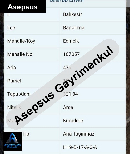 Asepsus Emlak'tan  edincik mh. 'sinde satılık arsa