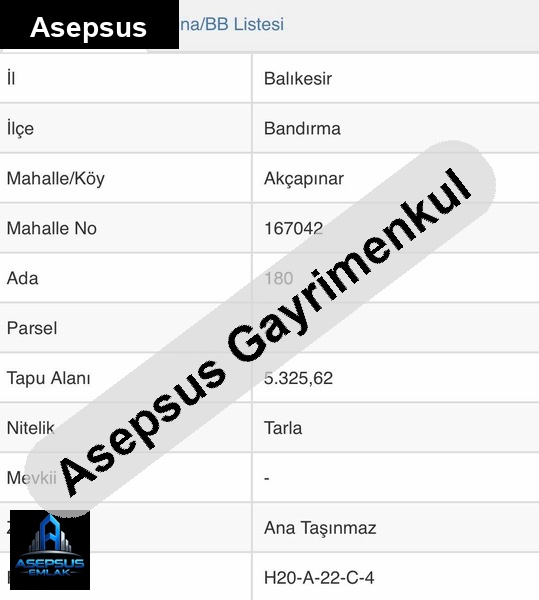 Asepsus Emlak'tan  akçapınar mh. 'sinde satılık arsa